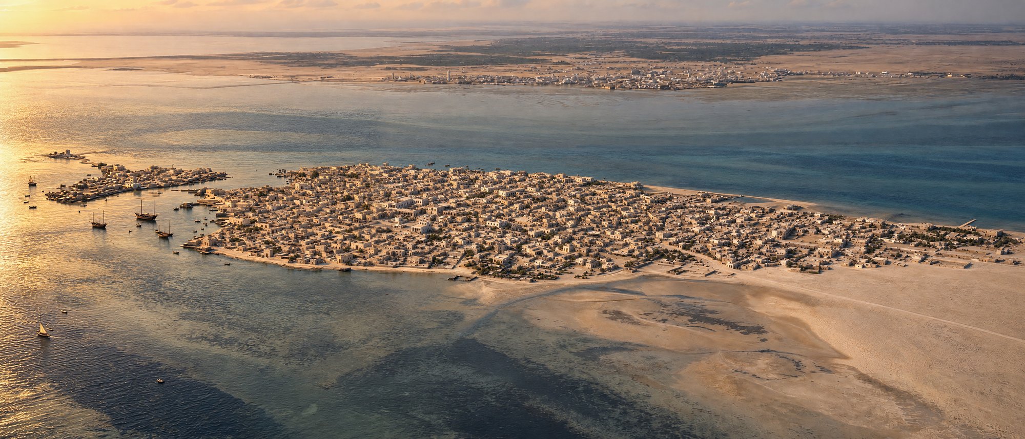 Muharraq island in the early 1900s seen from the air at sunset, its town spread along the shore with boats in the shallows