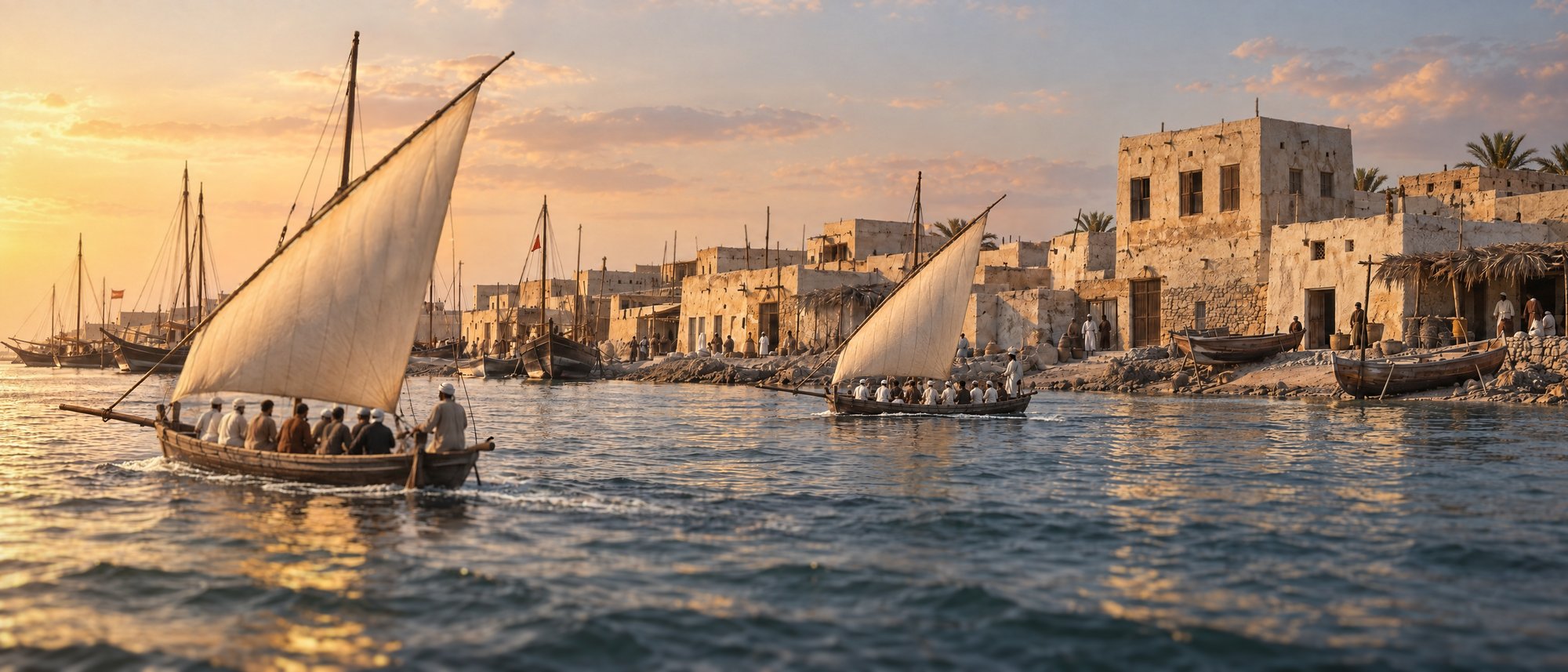 Two sailing boats crewed by pearl divers passing coral-stone houses on the Muharraq shore